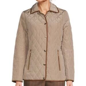 Michael Kors Quilted Button Up Jacket Faux Leather Trim Khaki Size M NWT